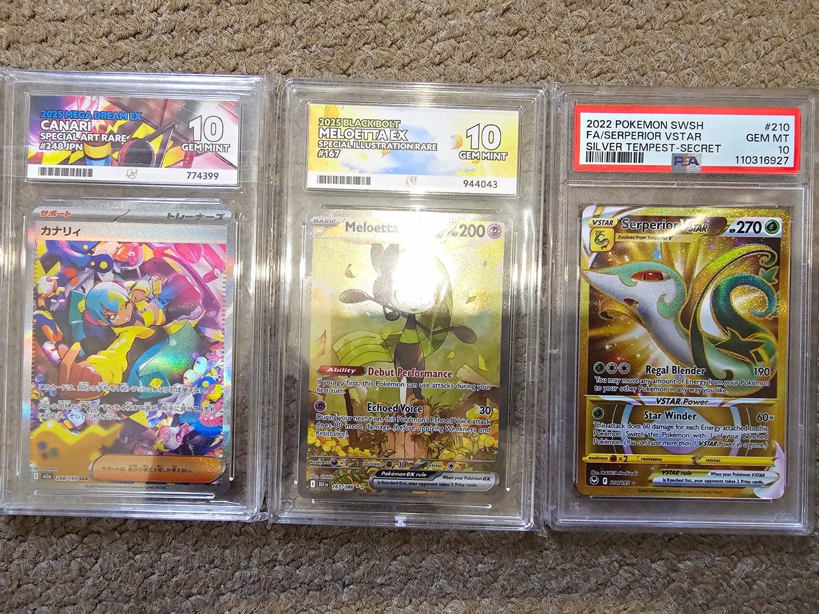 Pokemon Card Bundle x3 – Meloetta ex ACE 10, Serperior VSTAR PSA 10 & Canari