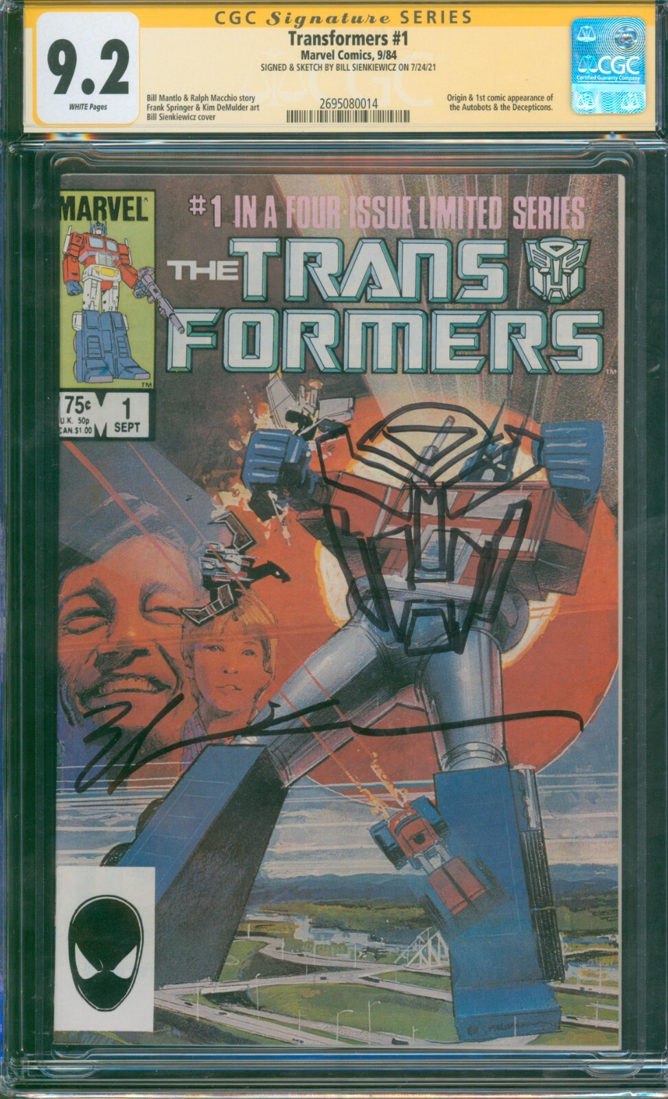 TRANSFORMERS #1 3RD PRINT CGC 9.2 ⭐ SIGNED + SKETCH by SIENKIEWICZ ⭐ Marvel 1984