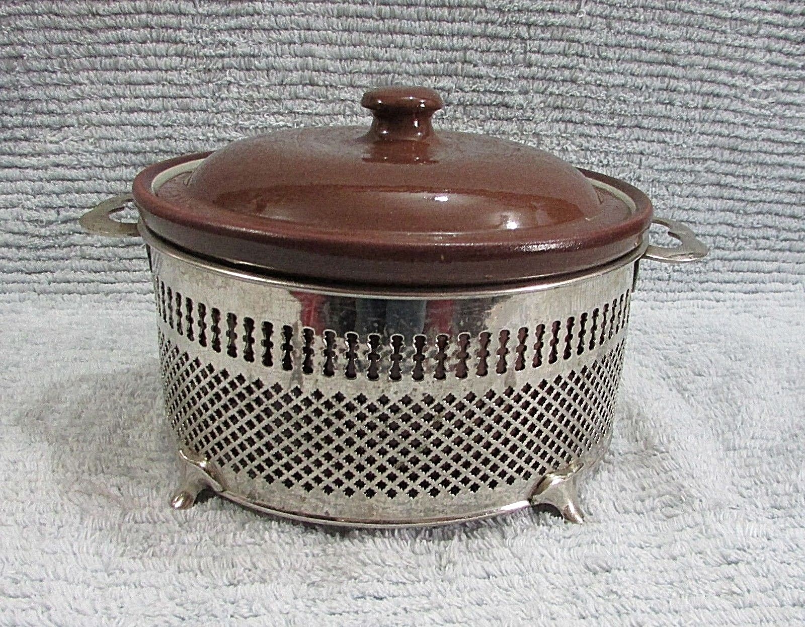 Antique Brown Stoneware Crock Bake Dish Casserole w Nickle Brass Holder Stand