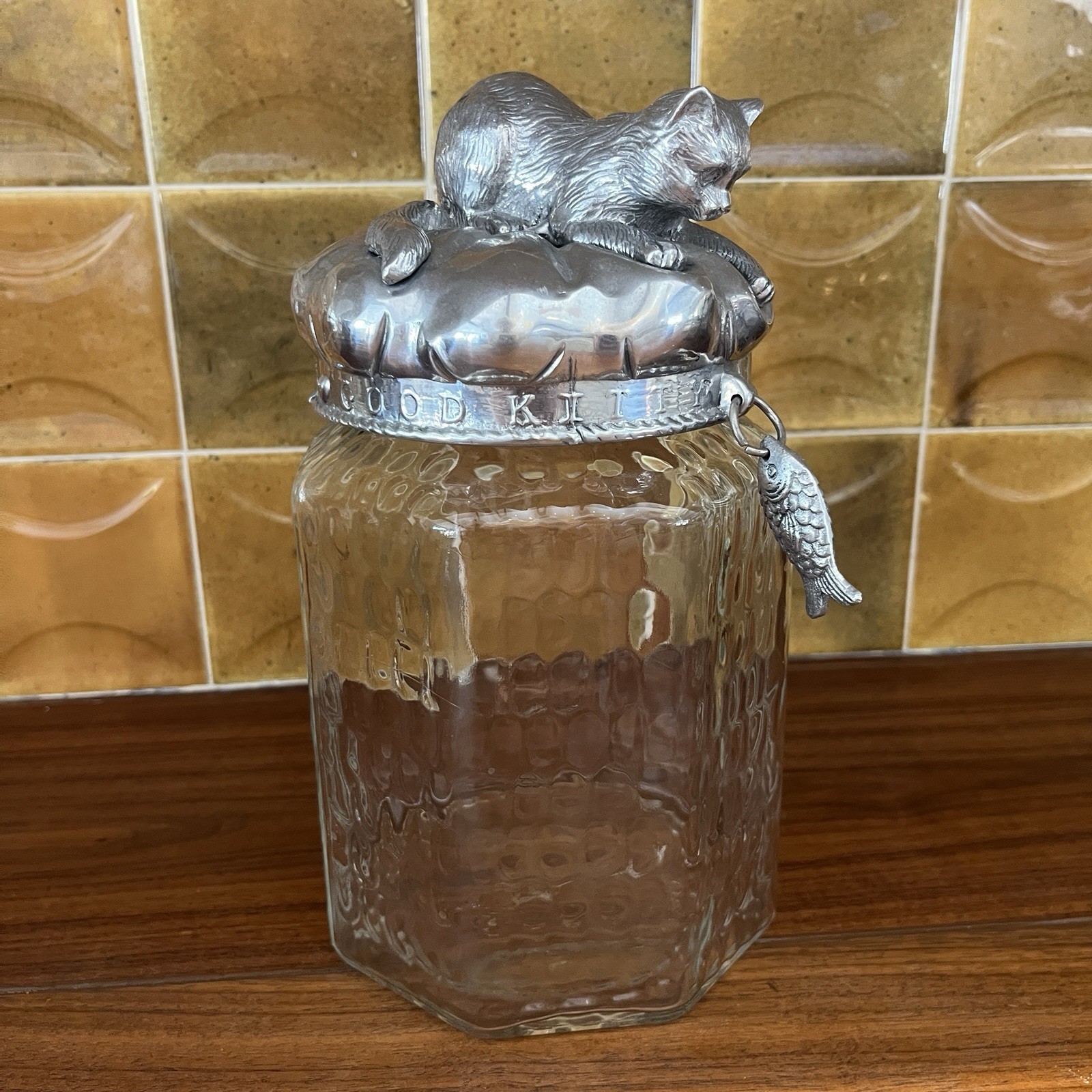 Vintage Arthur Court Good Kitty Cat Cookie Jar Treat Glass Canister Kitten Fish