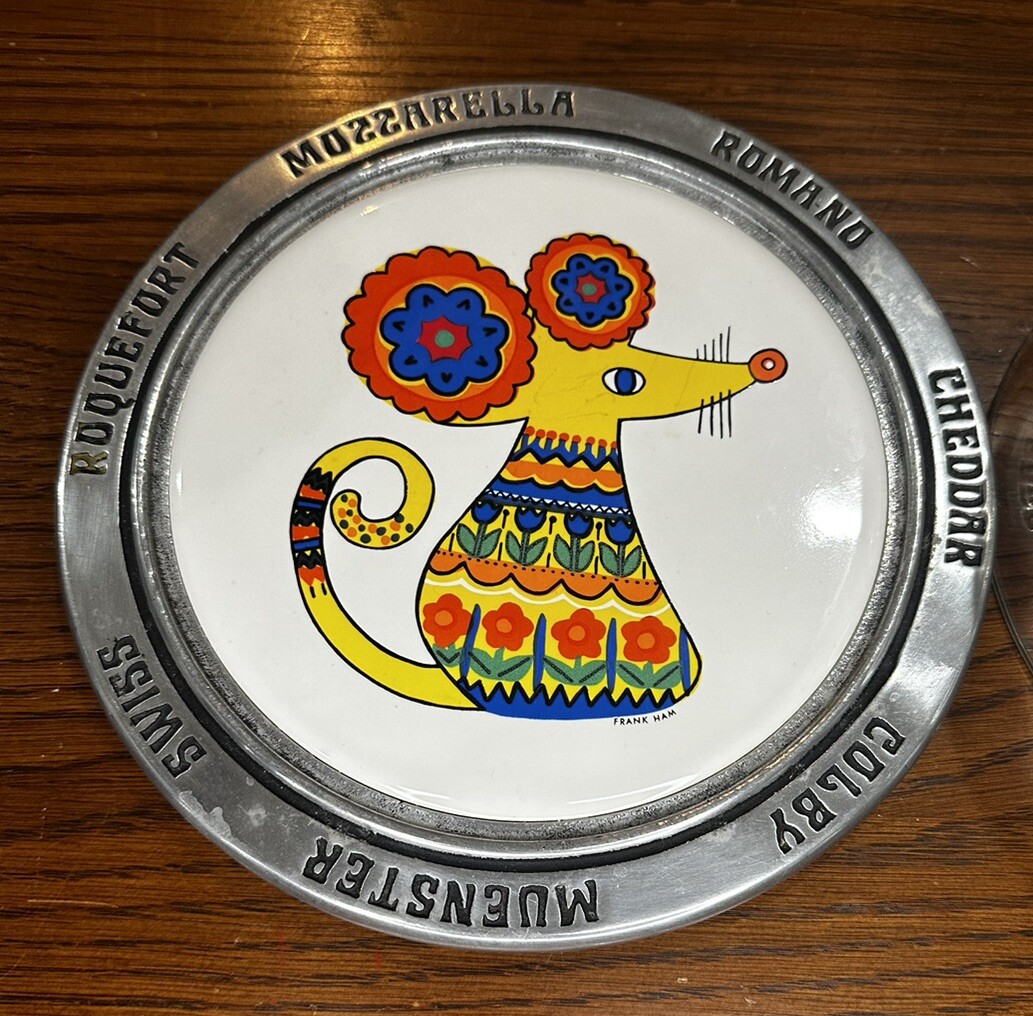 Vintage MCM Frankham Cheese Board Pewter Ceramic Tile Mouse with Glass Cover