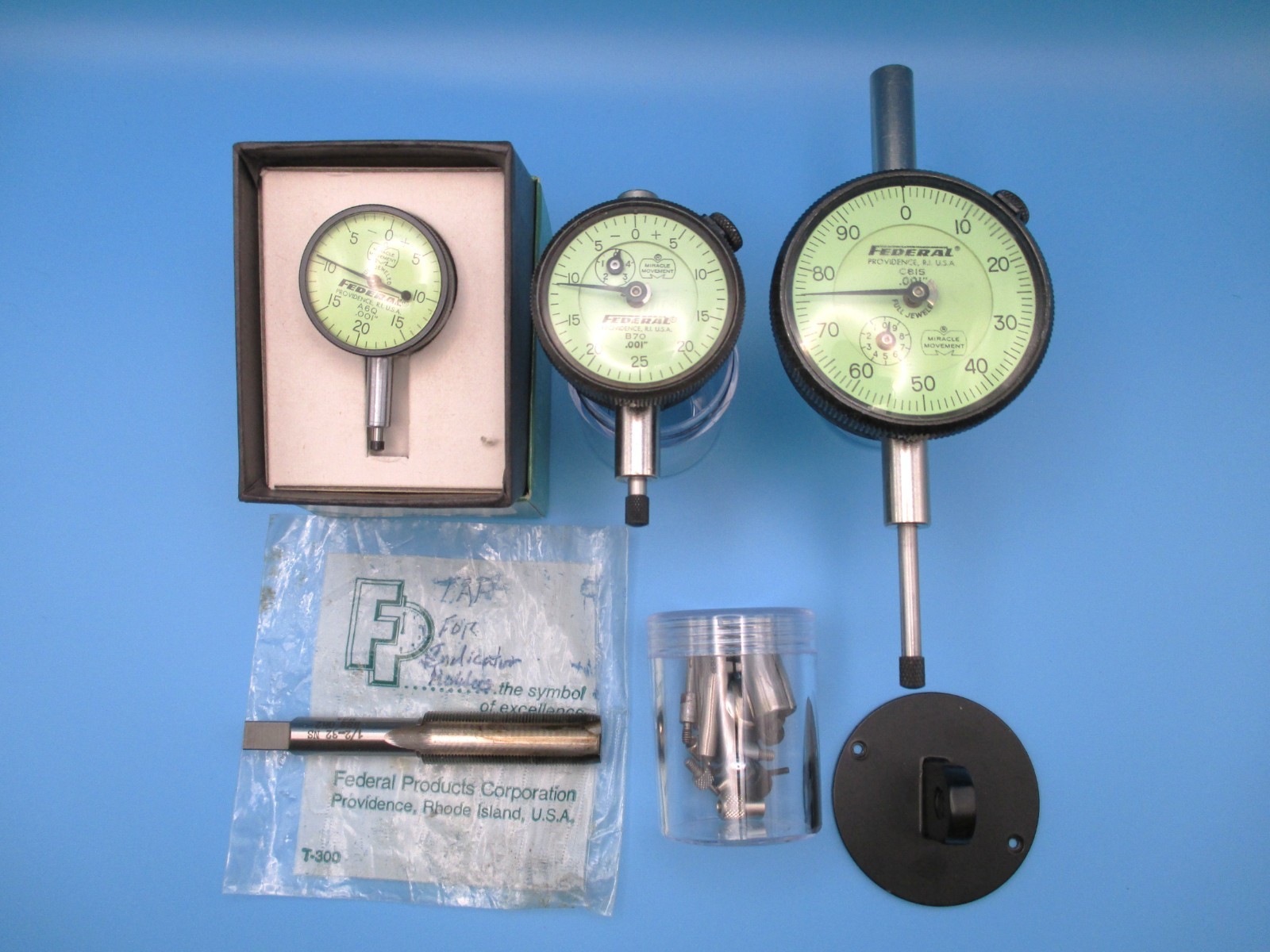 Vintage Federal Dial Indicators- Set of 3 With Spare Tips and Accessory Tap