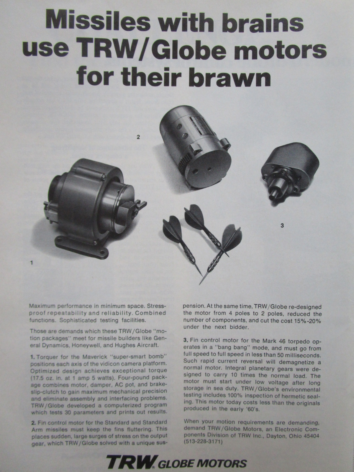 11/1973 PUB TRW GLOBE MOTORS MISSILES BUILDERS GENERAL DYNAMICS ARROWS AD