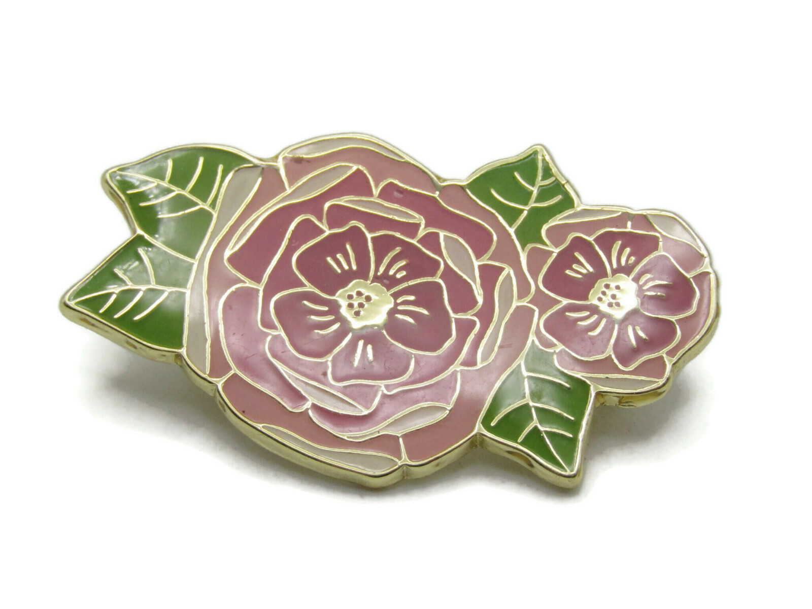 Vintage Pink Rose Brooch Pin Green Leaf Gold Tone Enamel Cloisonné Style Floral