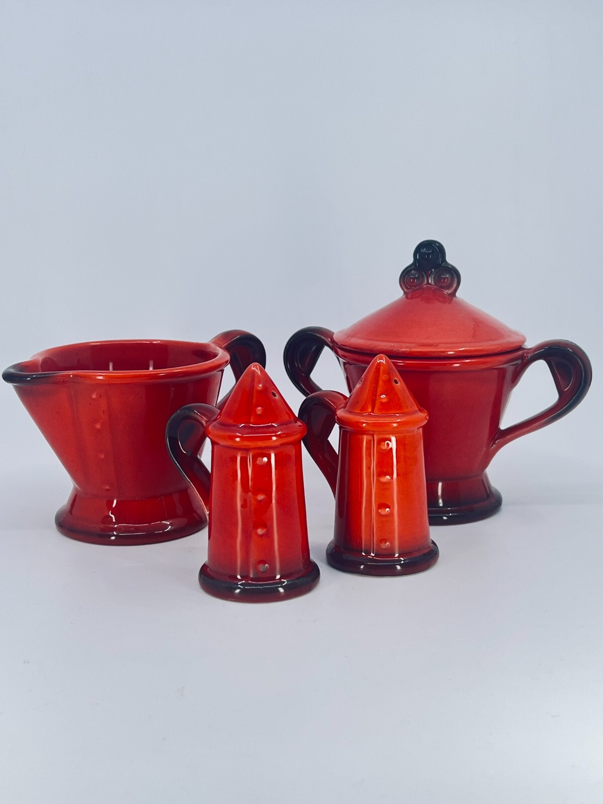 5pc Metlox Poppytrail Sugar Creamer Salt Pepper Ceramic Set Red Rooster Orange