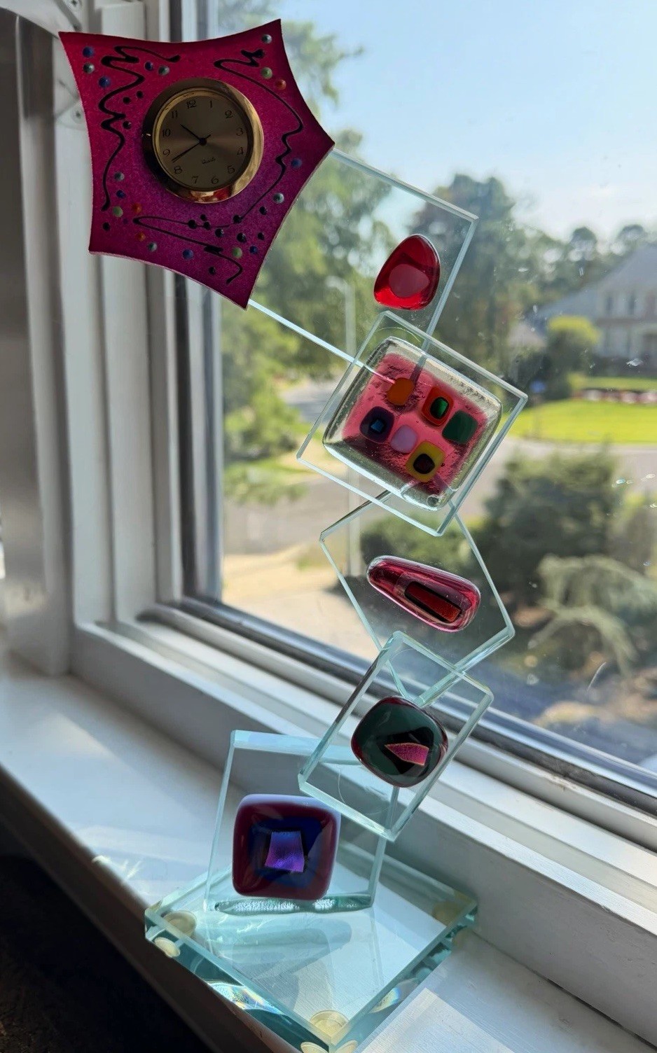 RARE Vintage J. Aubrey Modernist Fused Glass Multicolor Desk Clock/Mantel Art
