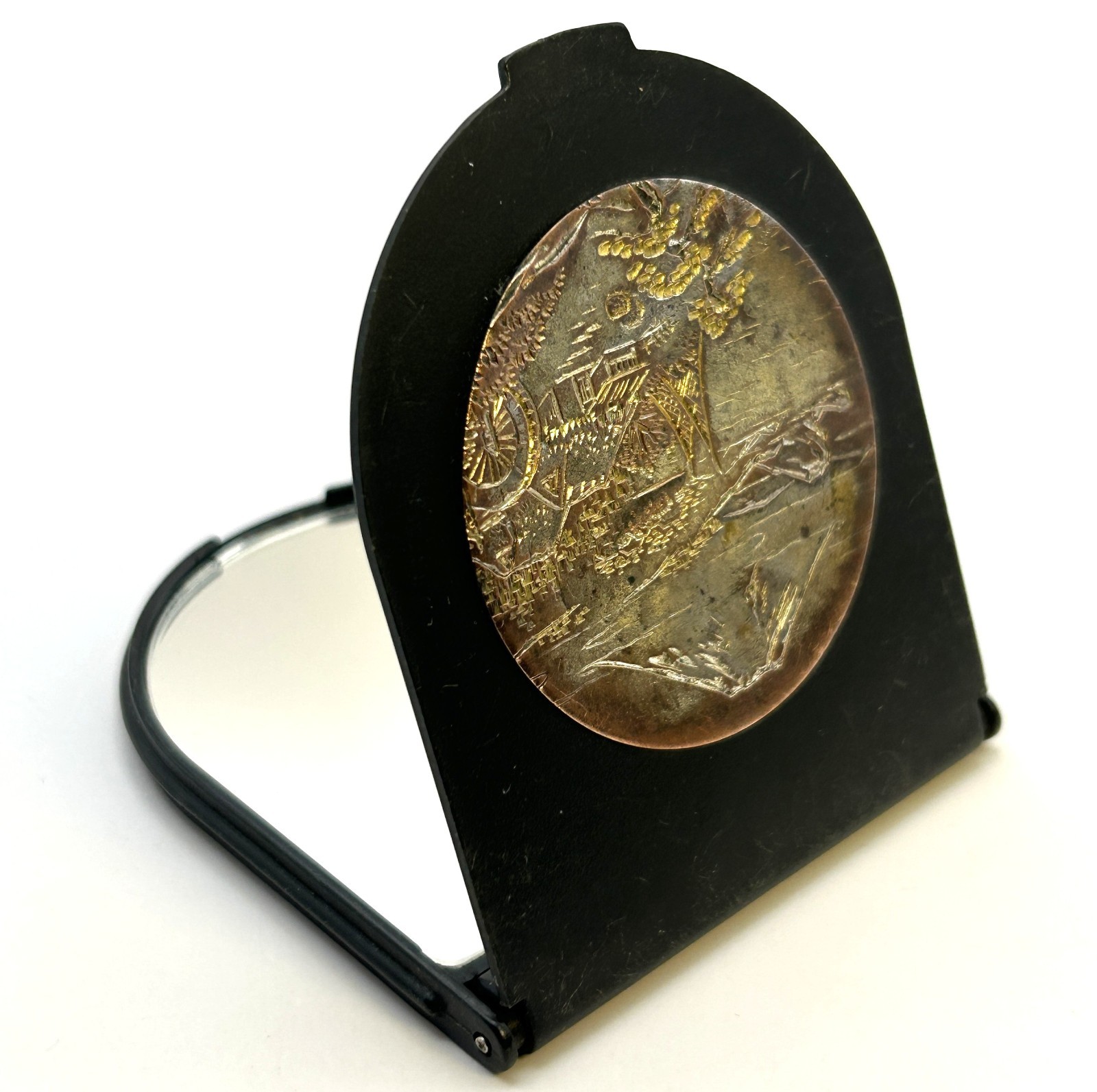 Vintage Japanese Folding Mirror Compact Mount Fuji Copper Chokin Style Travel
