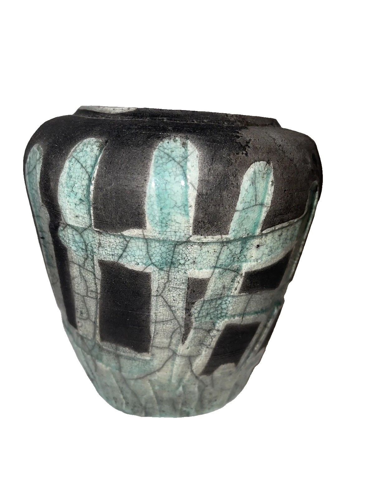 Rare Vintage Raku Pottery Vase Signed Green Black