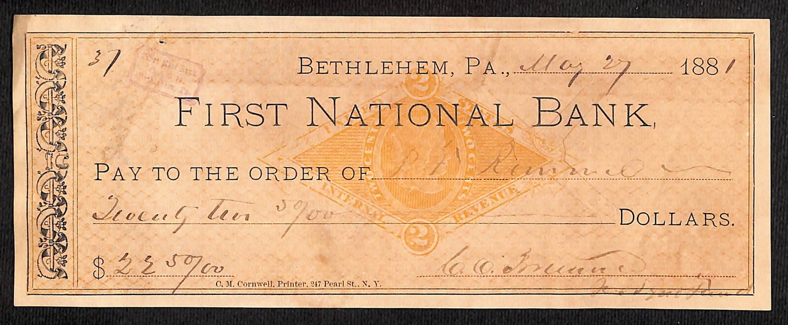 Bethlehem, PA 1881 First National Bank Check #37 w/ Tax Stamp