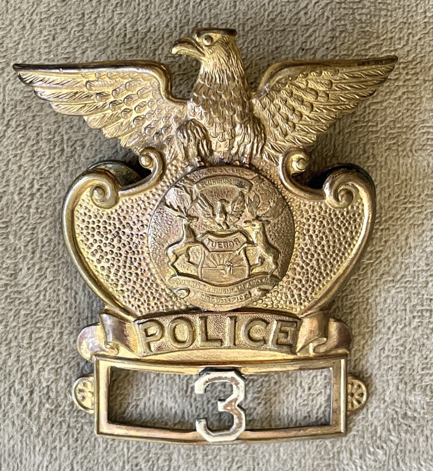 Antique / Obsolete Early 1900\'s Michigan Police Dress Hat Emblem C.D. Reese