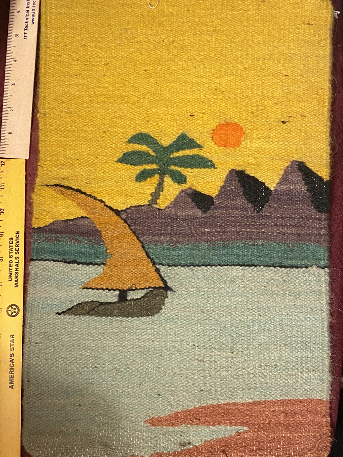 Primative Kilim Woven Wool Tapestry...Sailboat & Pyramid Landscape...11.5\