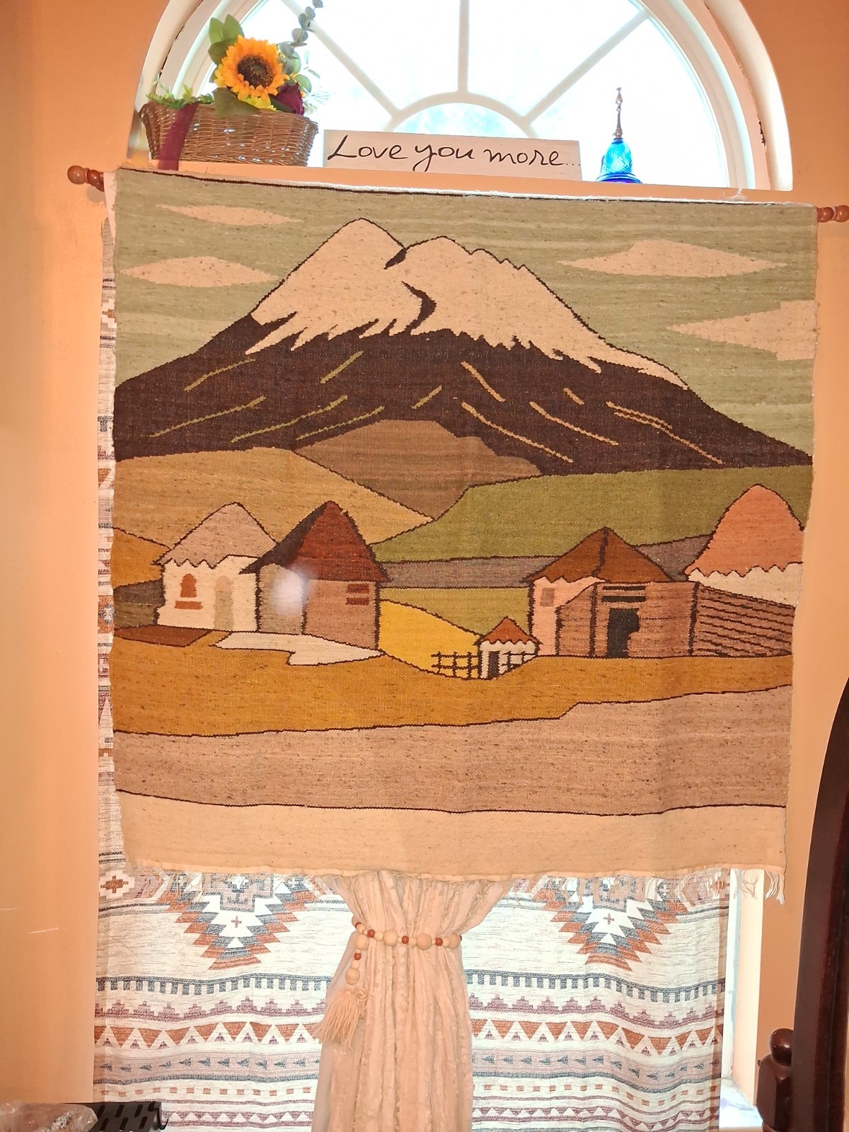Vintage Handwoven Otavalo Wool Tapestry – Andean Village & Volcano Scene – 100%