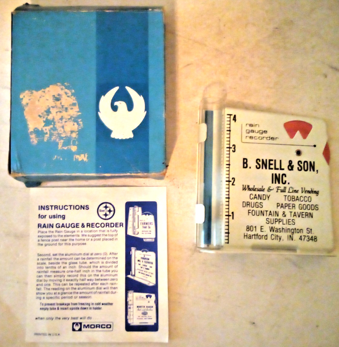VTG MORCO RAIN GAUGE ADVERTISING B SNELL & SON HARTFORD CITY INDIANA AG