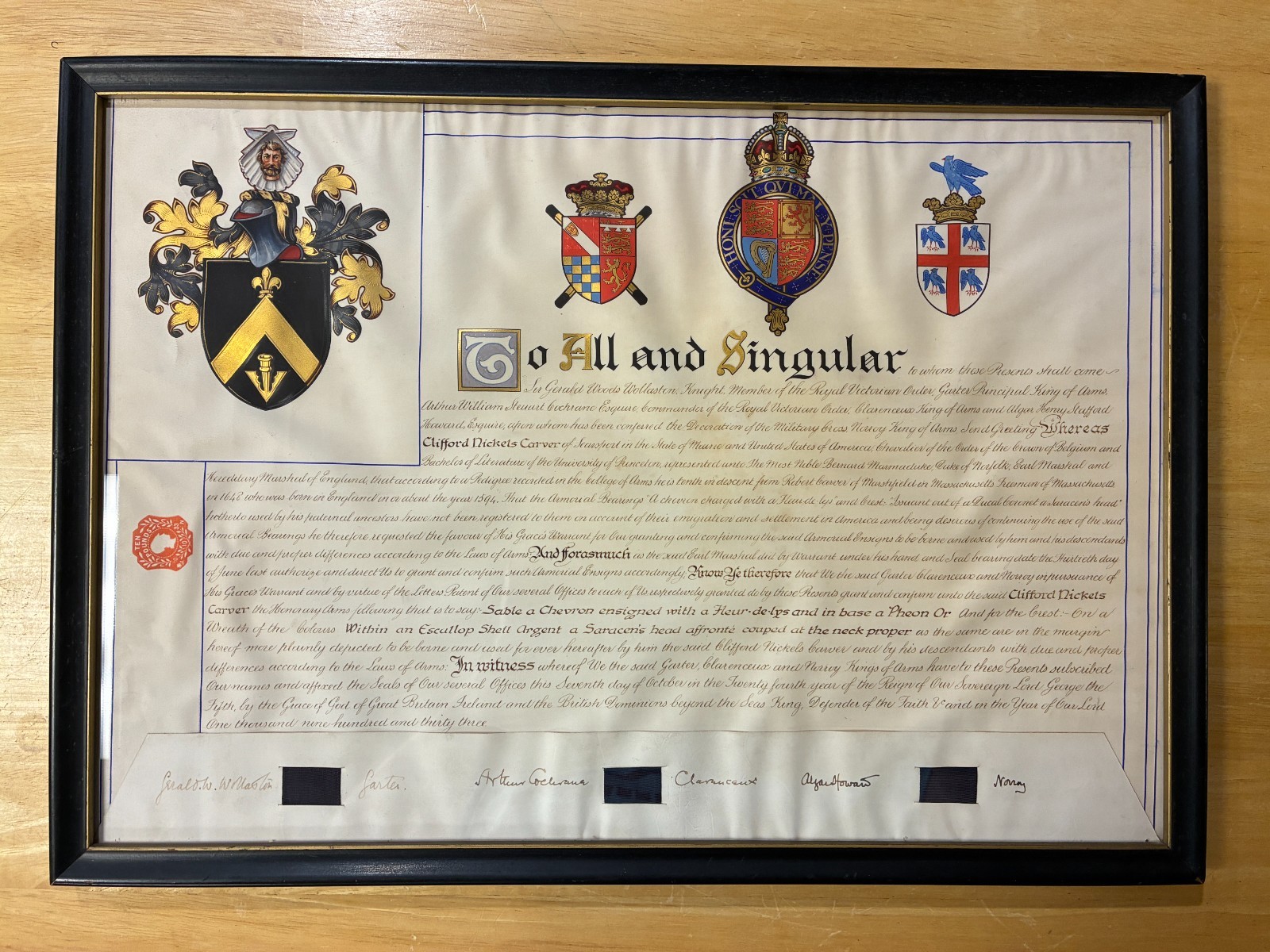 1933 British Grant of Arms Vellum Scroll Clifford Carver Gen Maxwell Family 1916