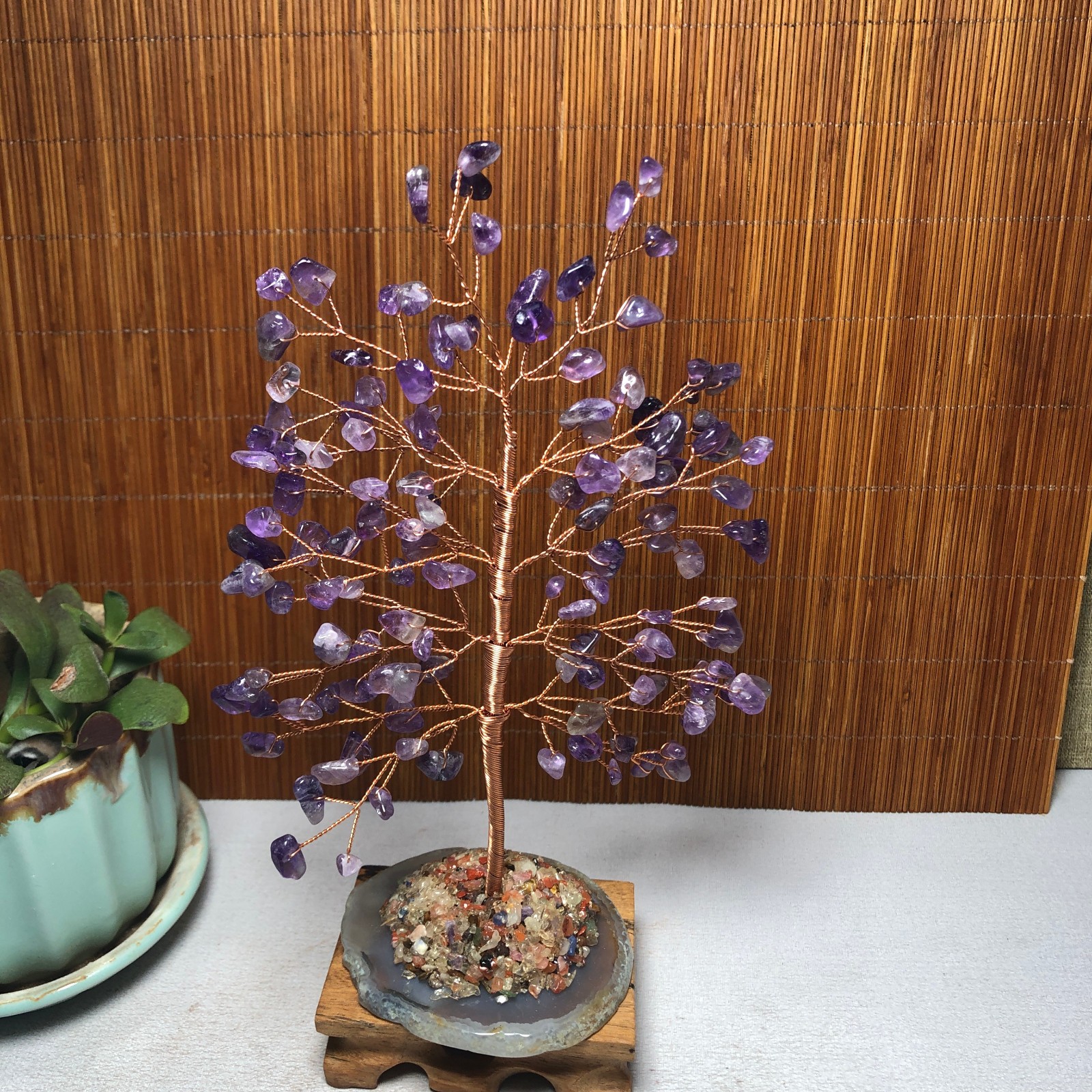 178mm Natural Wealth Tree purple crystal gravel agate slice base 127g A1402