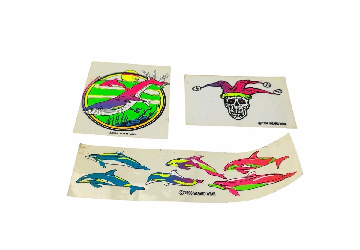 RARE Vintage 90’s Lot of 3 Wizard Wear Jester Dolphins Whale Blacklight Sticker