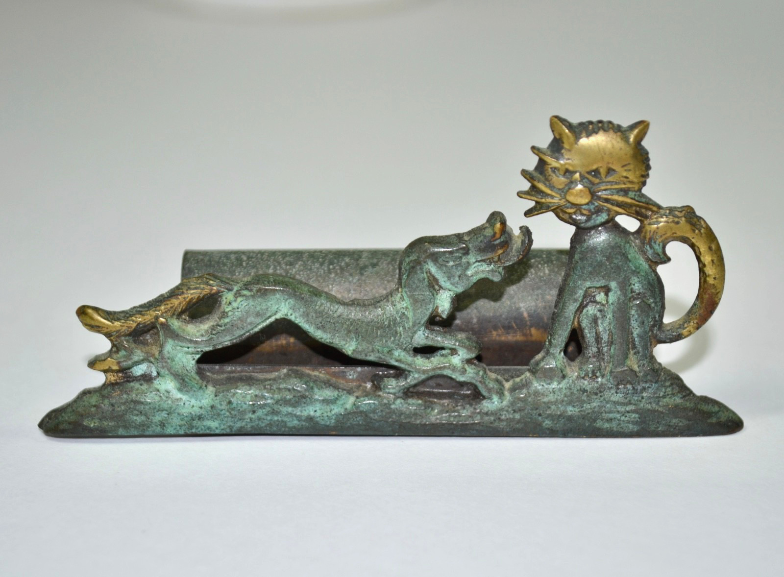 Mid Century Vtg Brass Bronze Cat/Dog Fountain Pen Rest Desk/Office Israel