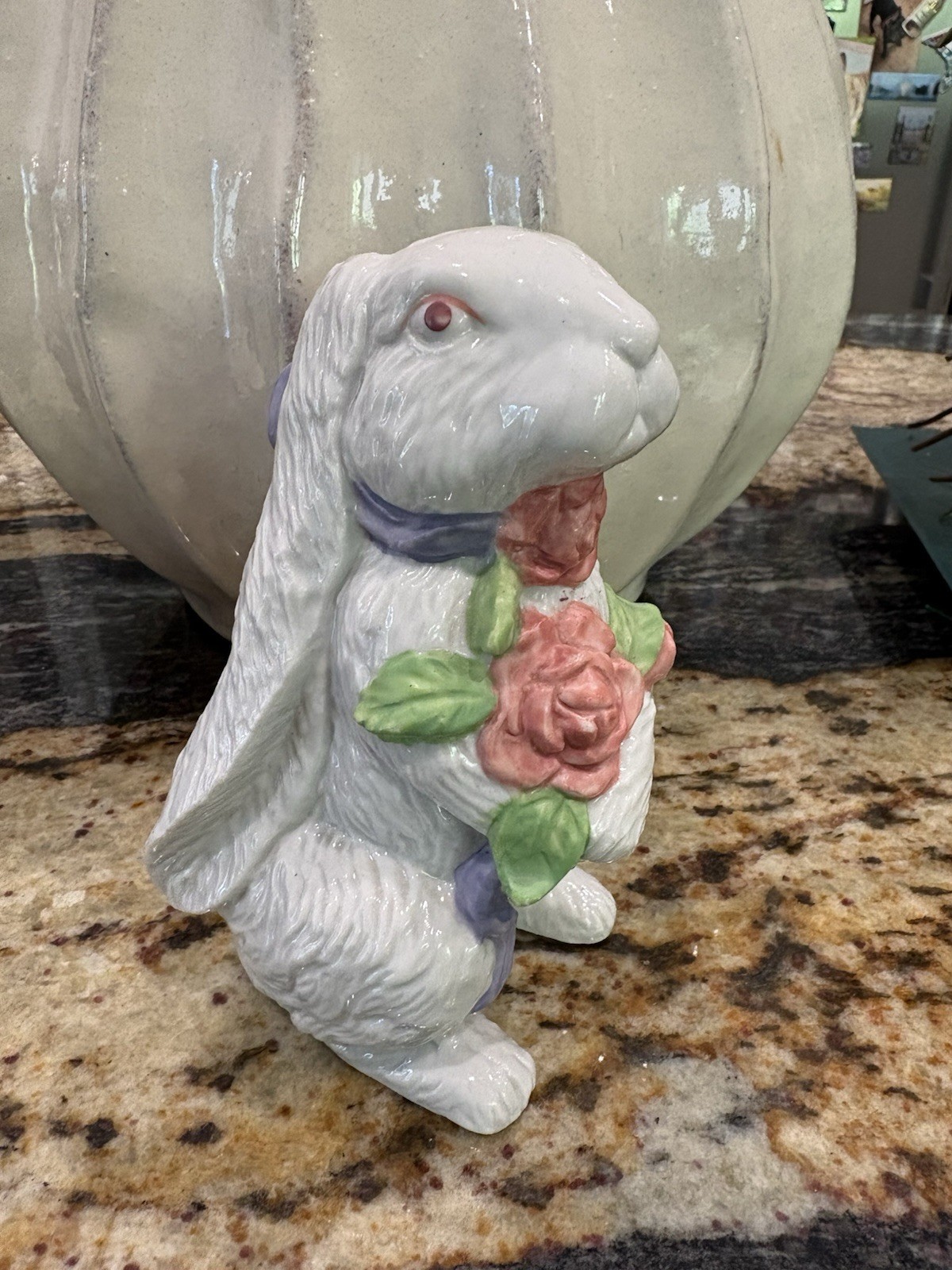 Vintage Ceramic Bunny Rabbit Figurine With Pink Floral Roses 7”