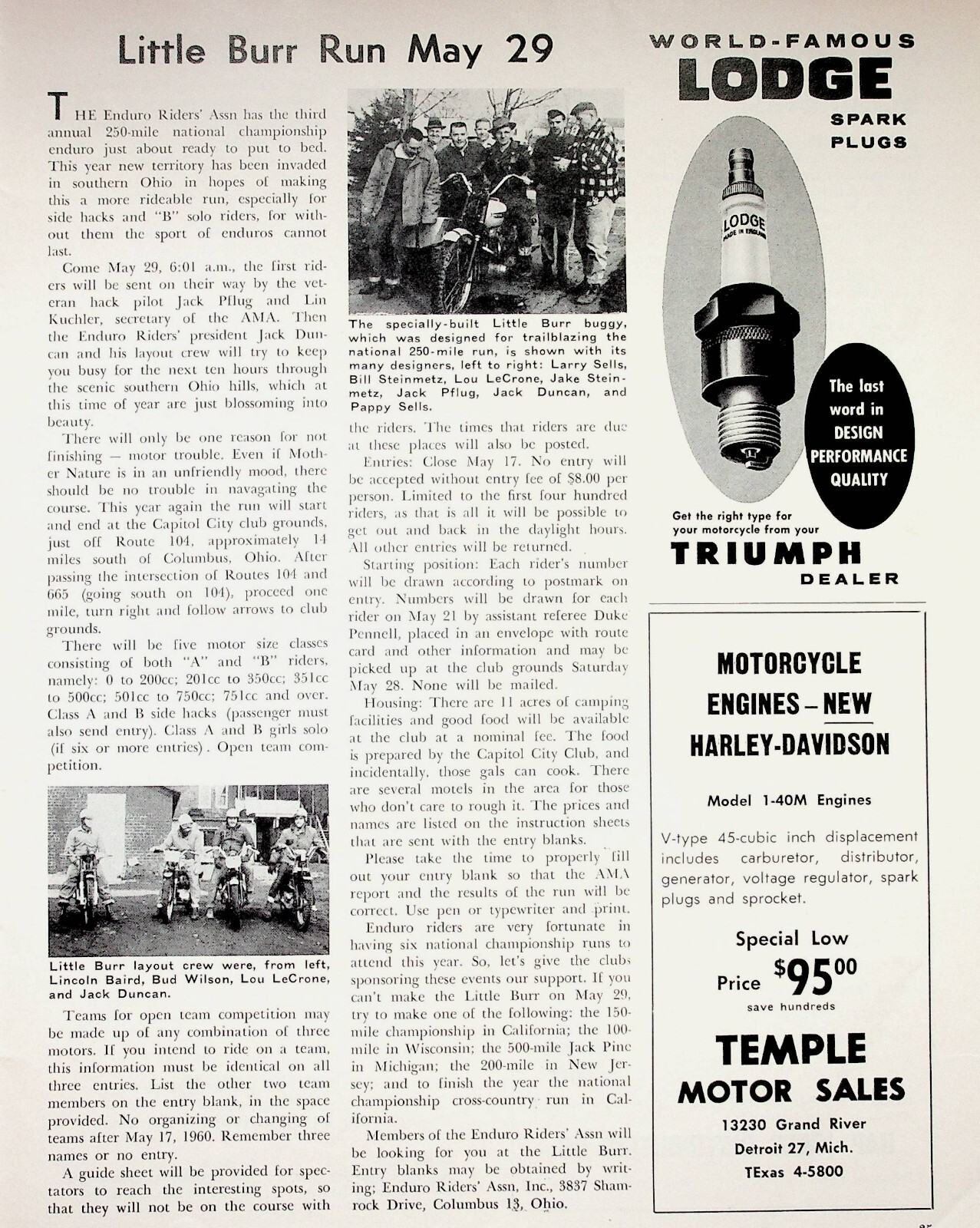 1960 Columbus Ohio Little Burr Run Motorcycle Racing - 1-Page Vintage Article