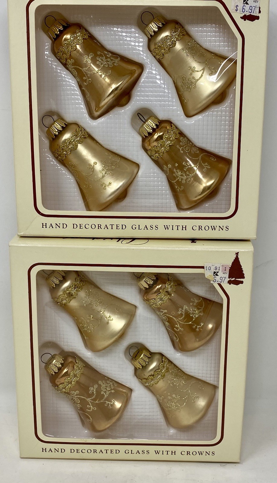 8 Vintage German Glass Christmas Ornaments Gold Glitter Bells Krebs West Germany