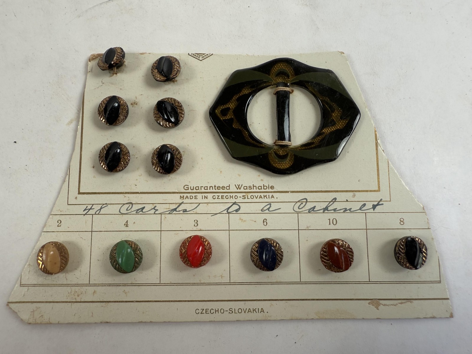Vintage  Button Card with Art Deco Carved Buckle Czech Plastic Buttons Lot of 13