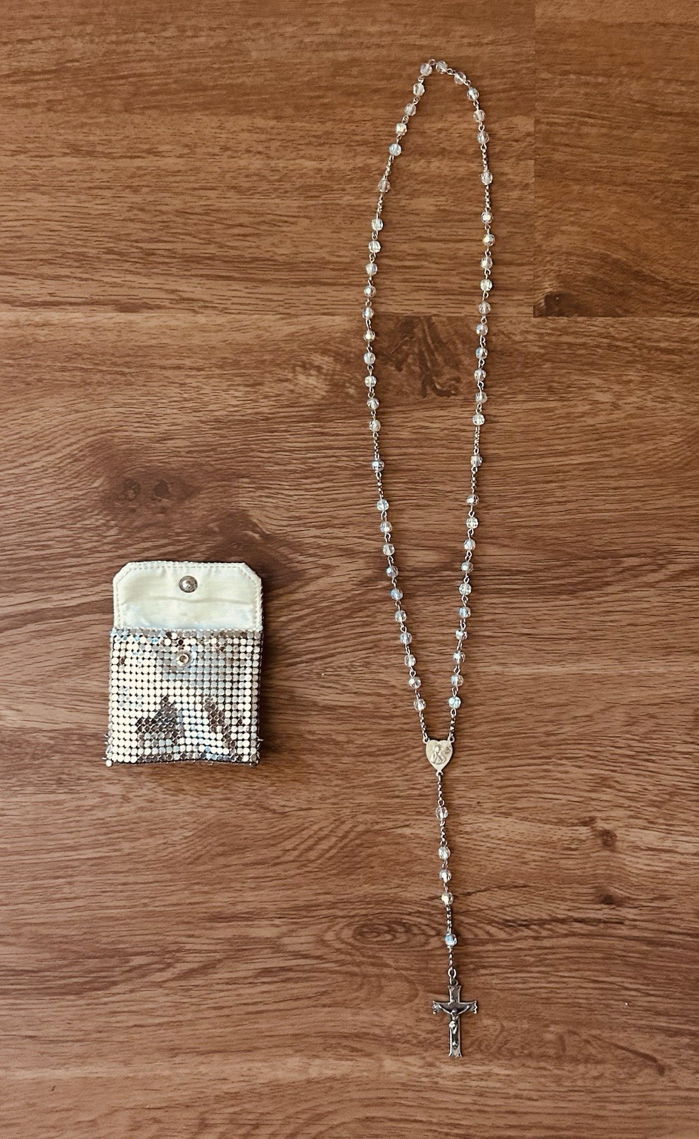 VTG 1965 Sterling Silver Crystal Rosary & Whiting Davis Pouch Set Maker Marked
