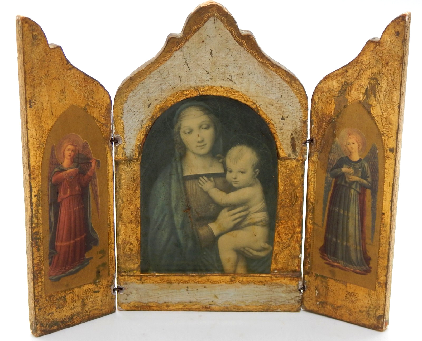 VTG Italian Florentine TRIPTYCH 3-Panel Wood Gold Leaf Virgin Mary Jesus Angels