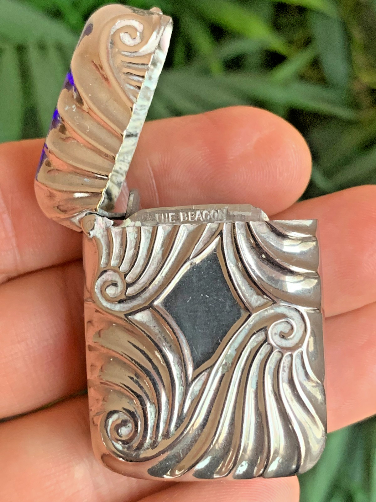 The Beacon Antique Vesta Case Matchsafe Striker Nickel Plated Metal England 1900