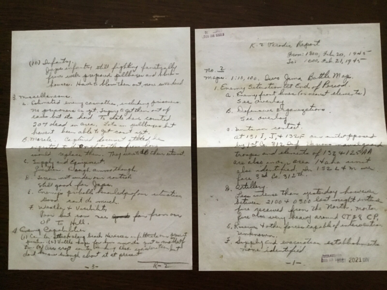 1945 WWII IWO JIMA REPORT (FEBRUARY 20th & 21st) AFTER INITIAL LANDING *(Repro)*