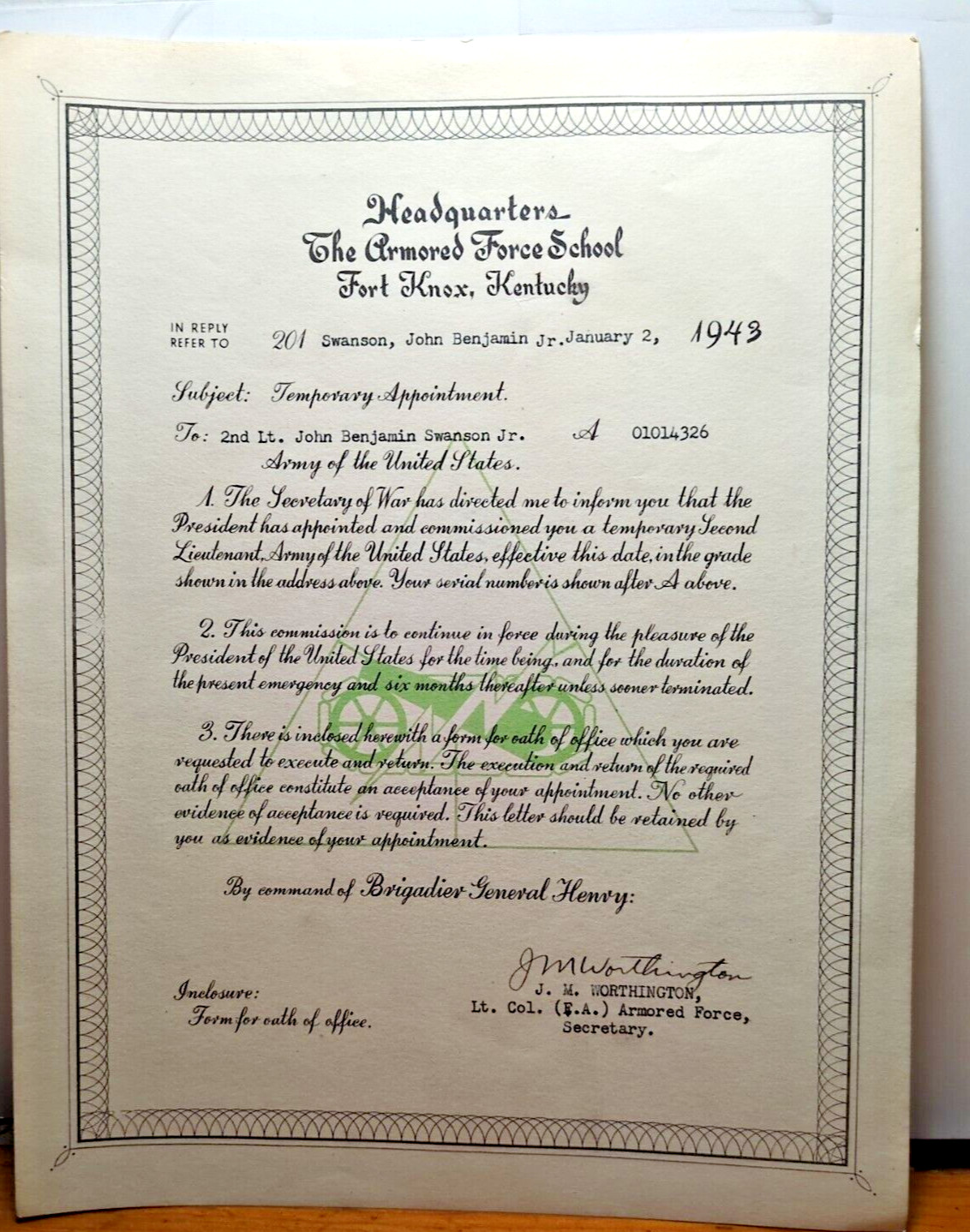 1943 U.S. Ft Knox School Temp Appointment Letter Signed Col. Worthington RRP 570