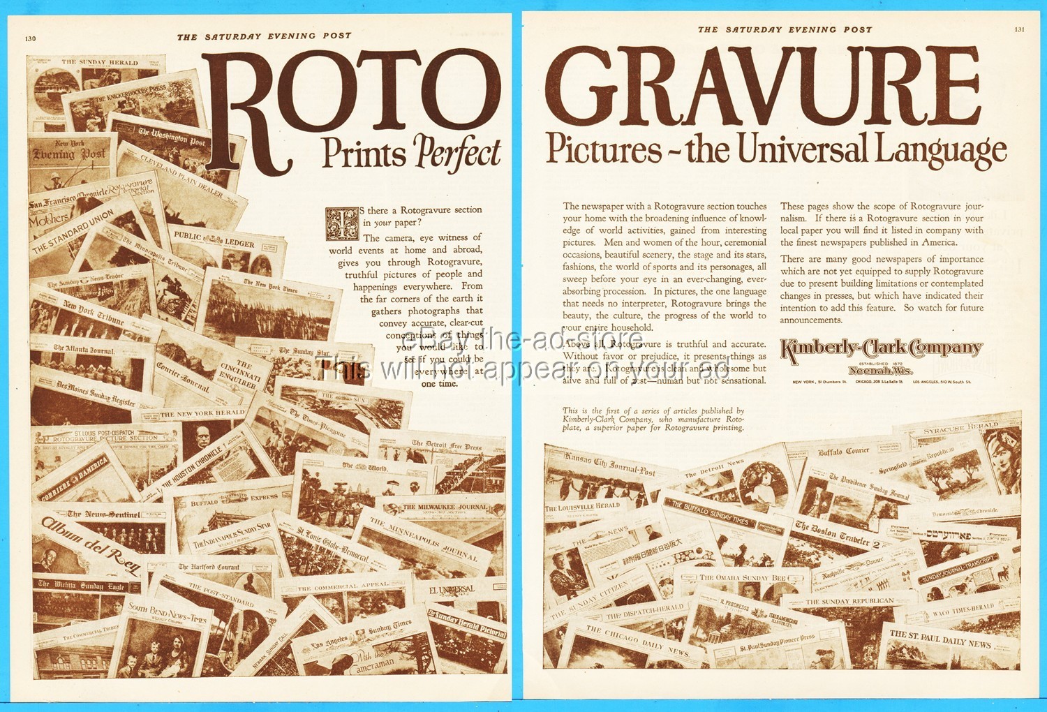 1923 Kimberly Clark Co Neenah WI Rotogravure Newspaper Picture Printing Paper Ad