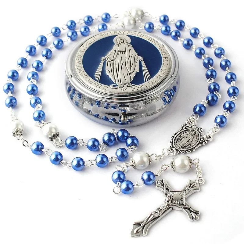 New Beautiful Rosary Glass Bead Blue & Polished Silver-tone Case Vision of Mary