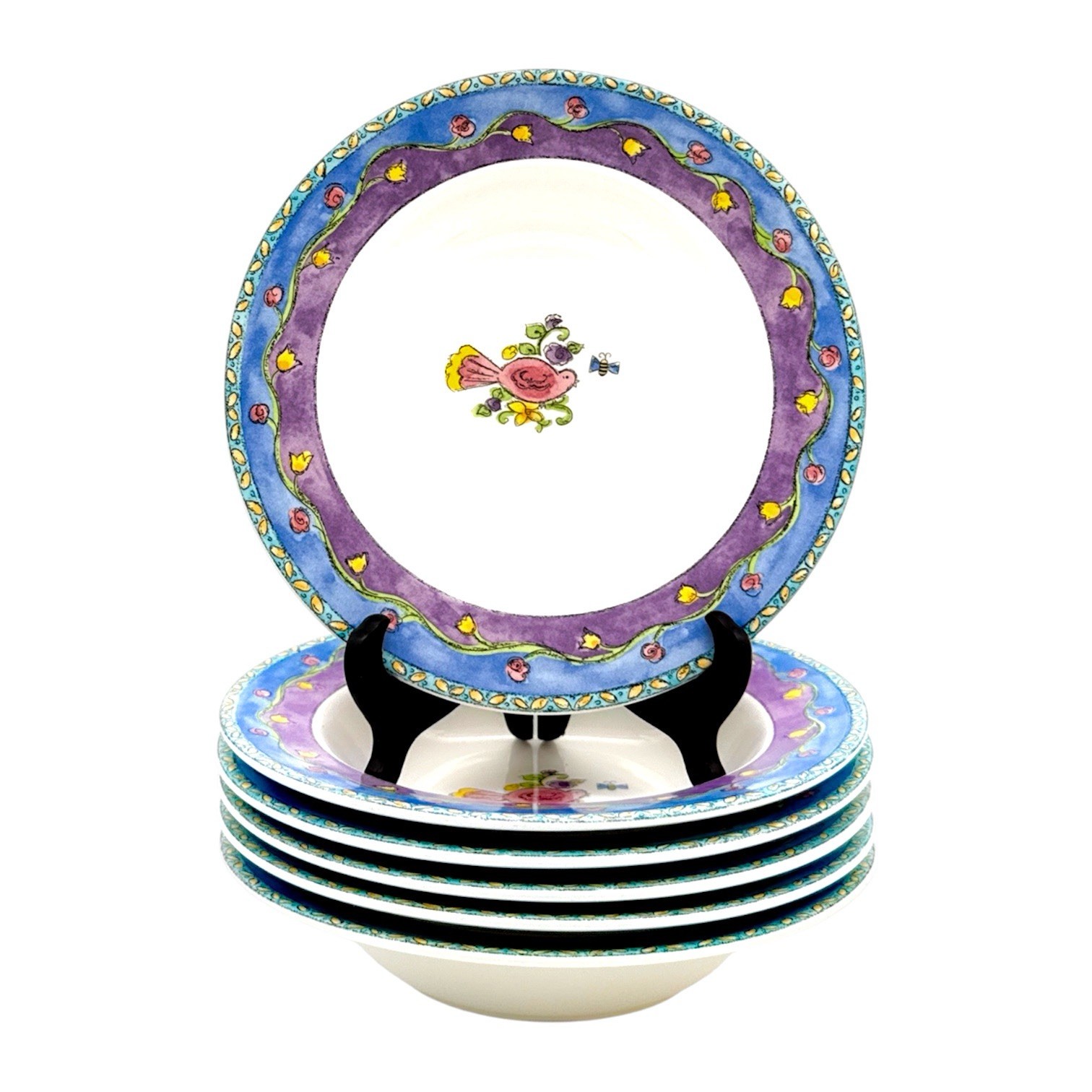 Sango Birds & The Bees Rimmed Soup Bowls 8.75 Sue Zipkin Set of 6 3042 Sango Birds & The Bees Rimmed Soup Bowls 8.75 Sue Zipkin Set of 6 3042