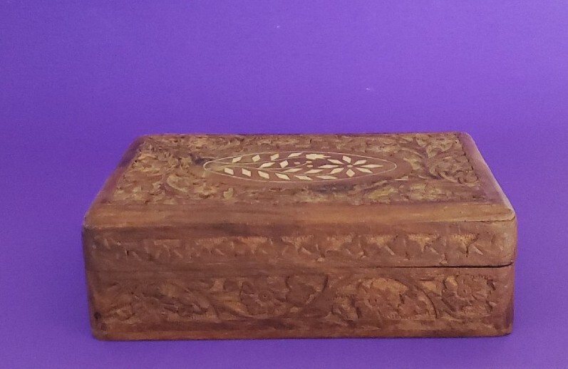Vintage Orante Wooden Carved TAROT Box Curio Wicca Keepsake 8x5x2.5 India