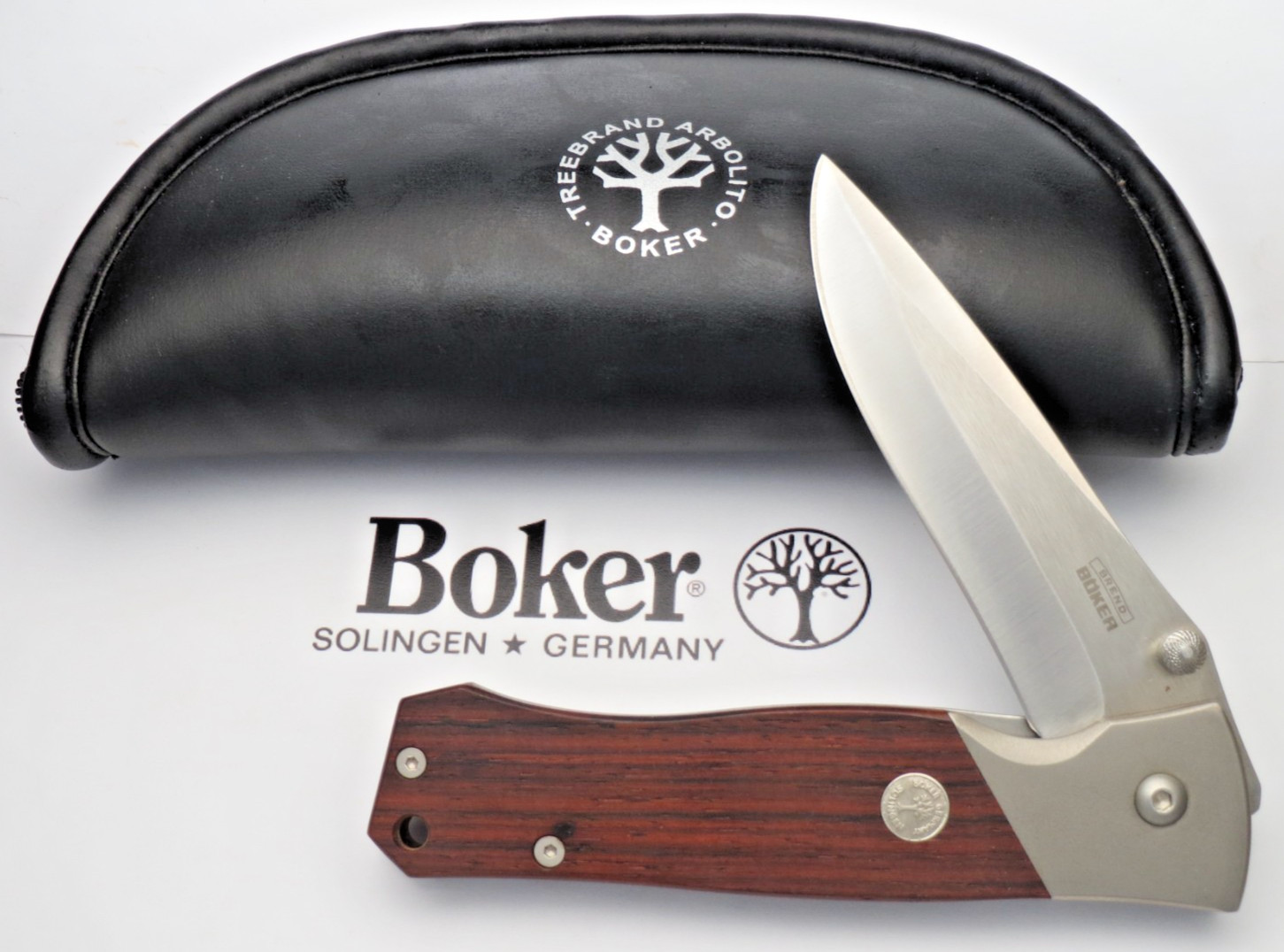 BOKER Solingen Brend Design Liner Lock Knife - Rosewood Handles - MINT with Case