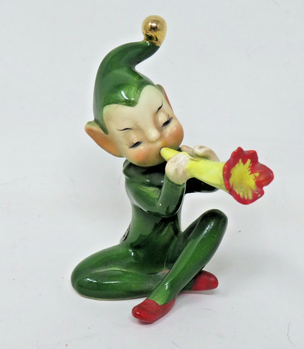 Vtg Josef Originals Land Of Make Believe Elf Pixie Playing Flower Horn Figurine