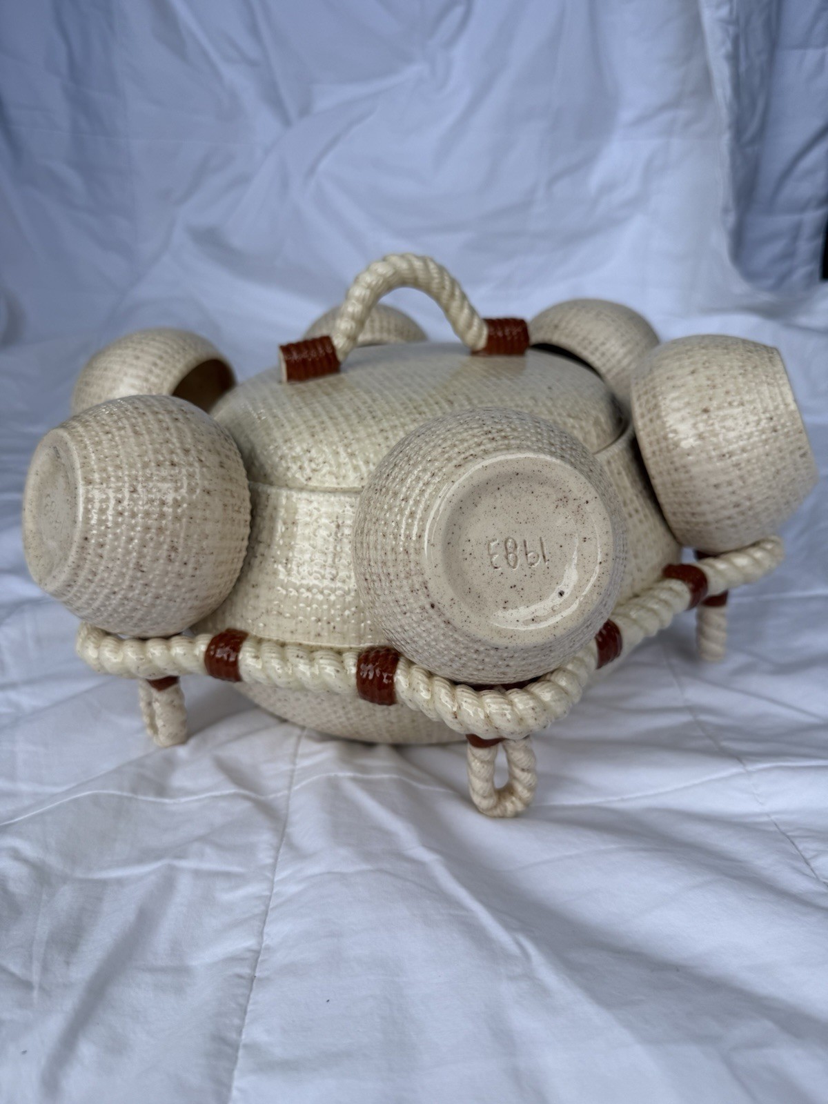 Vintage 1983 Speckled Ceramic Soup Tureen w/ Lid, Beige/Brown, 6 Cup