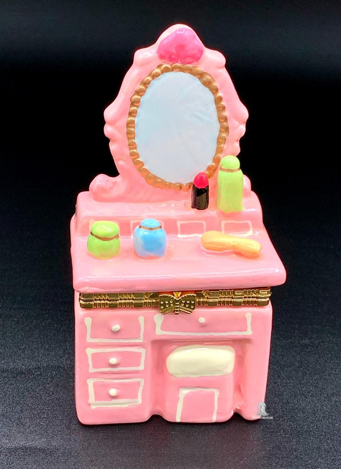 Pink Vanity Trinket Box Miniature Dressing Table Hinged Porcelain Jewelry Box