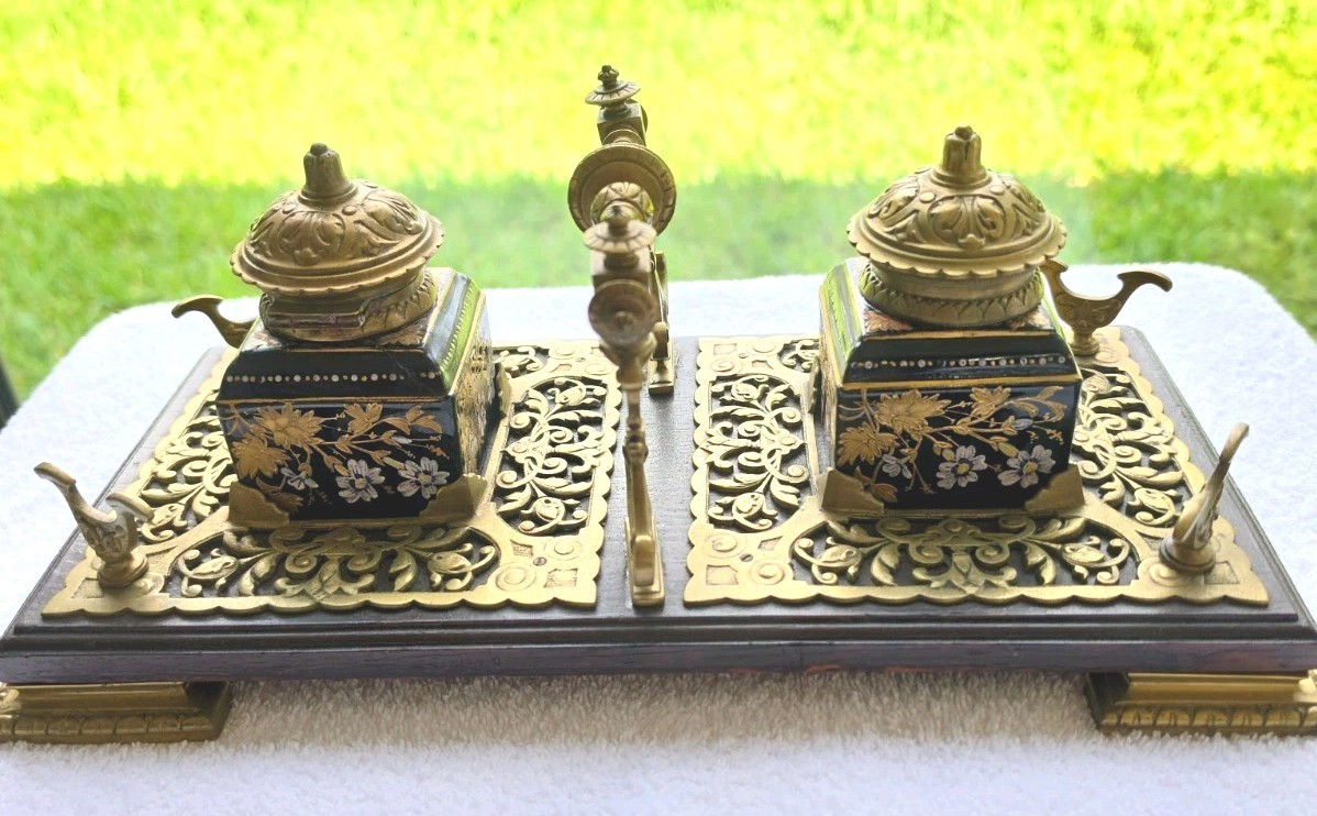 Antique Double Inkwell Victorian Black Porcelian Enamel Flowers W/ Gold W/ Stand