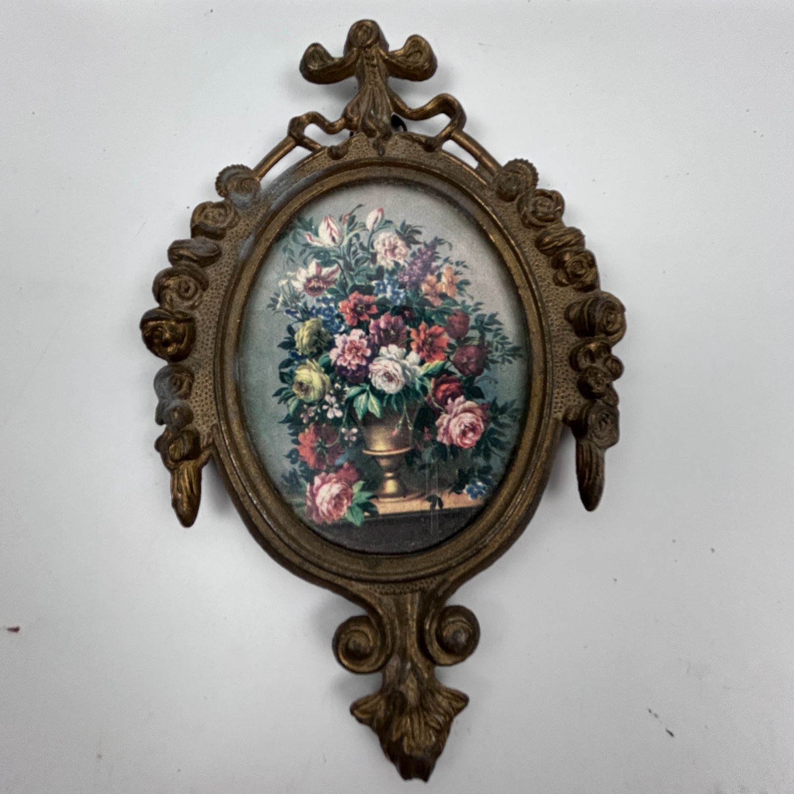 1950\'s Brass Framed Wall Hanger Ornate Metal 6x4 Floral Italy Photo MCM