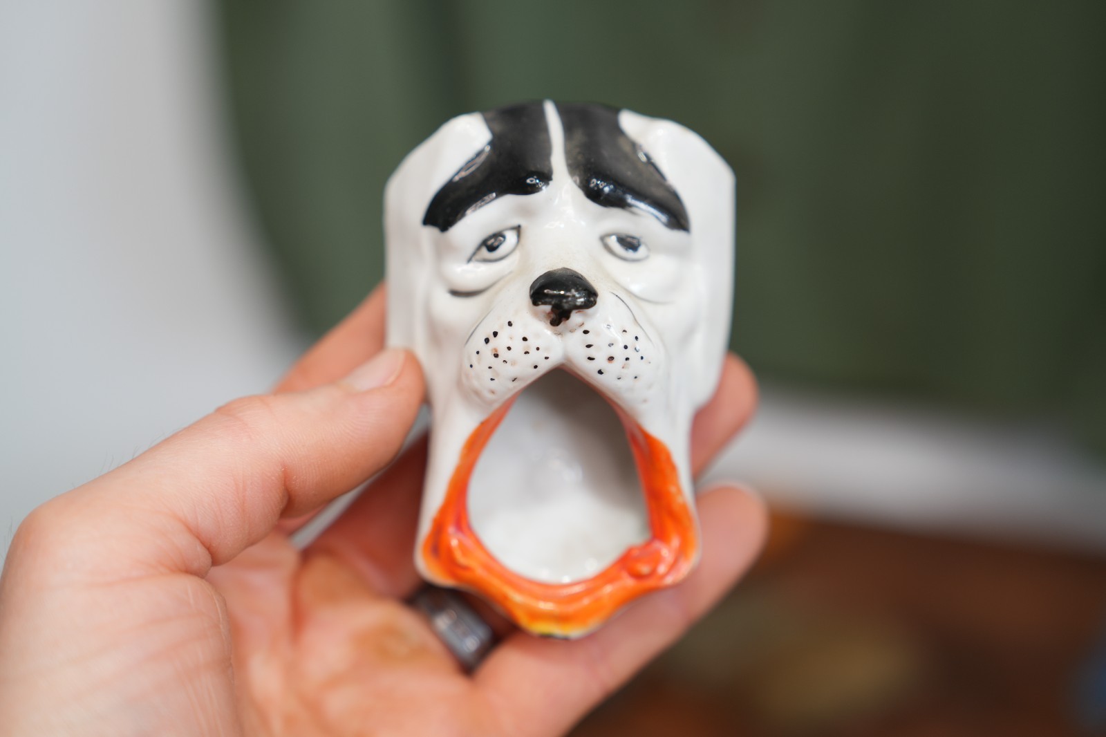 1930s Vintage Ceramic Novelty Smoking Head Open Mouth Ashtray Dog Japan Antique