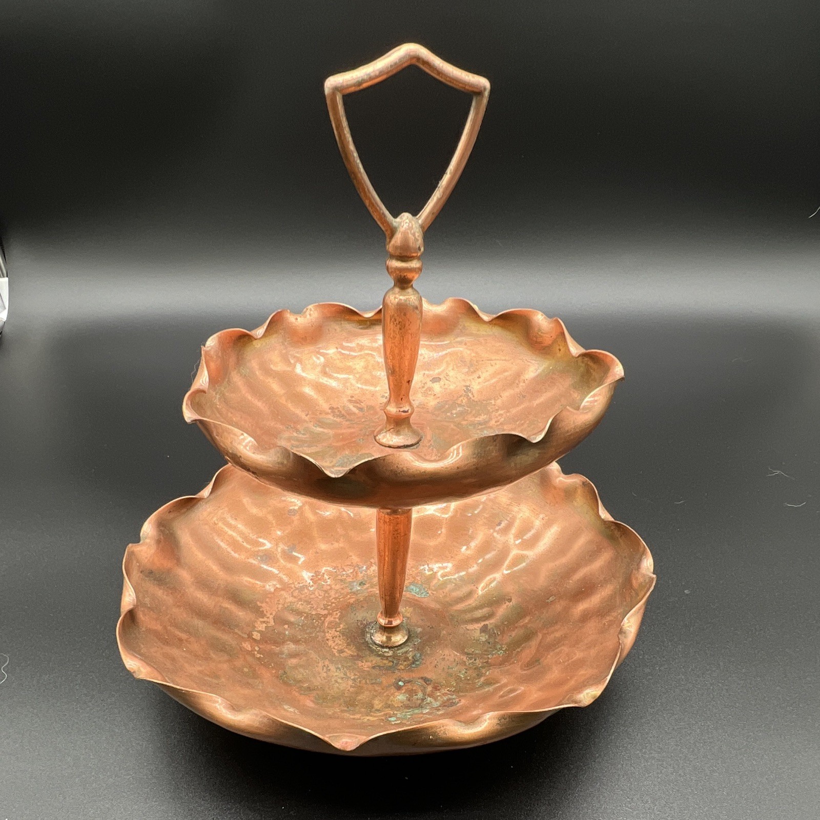 VTG GA  Solid Copper 2 Tier Tray Scalloped Fluted Edge Hand Hammered  SIGNED