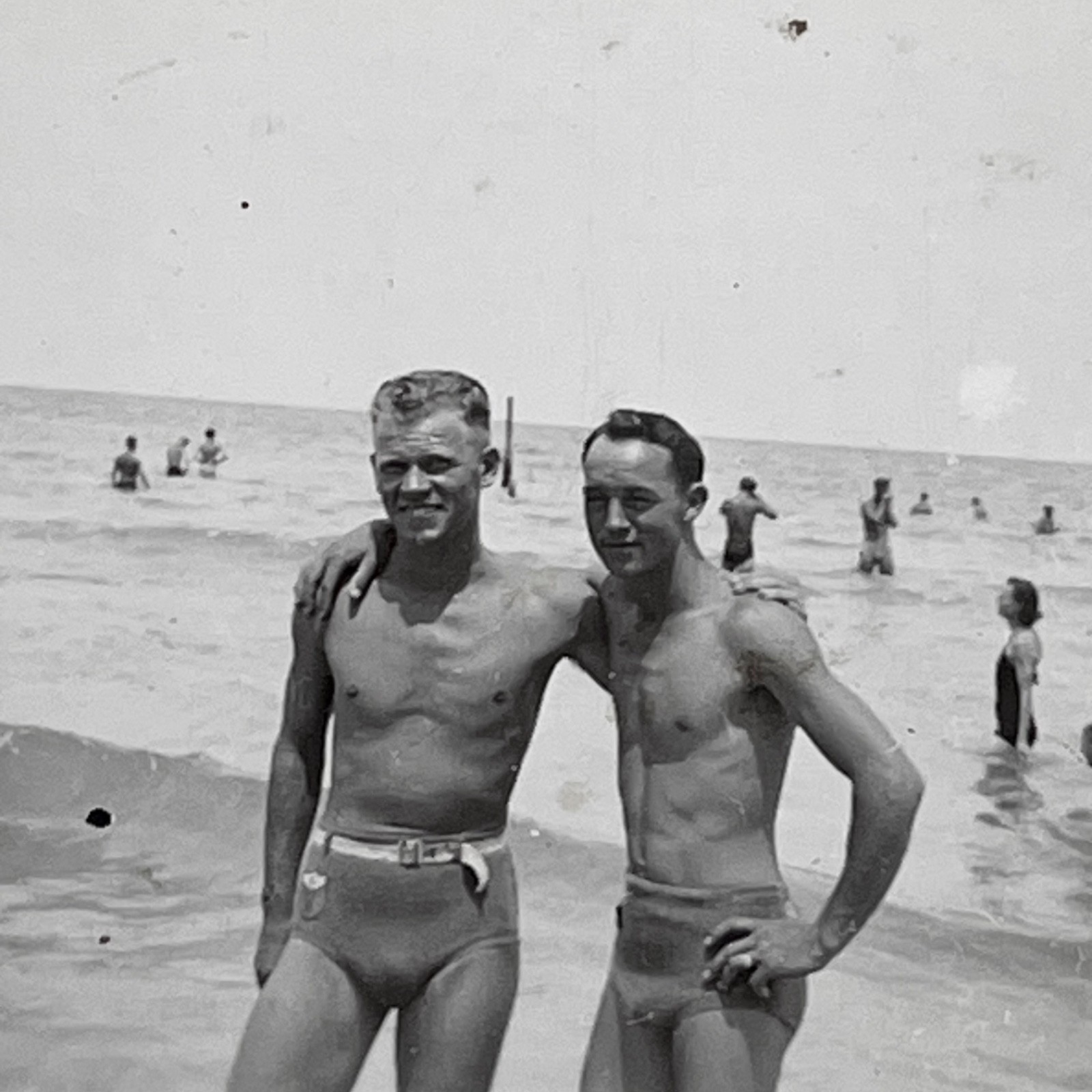 1940s Two Affectionate Men Tight Swim Trunks Gay Interest Vtg Snapshot Photo