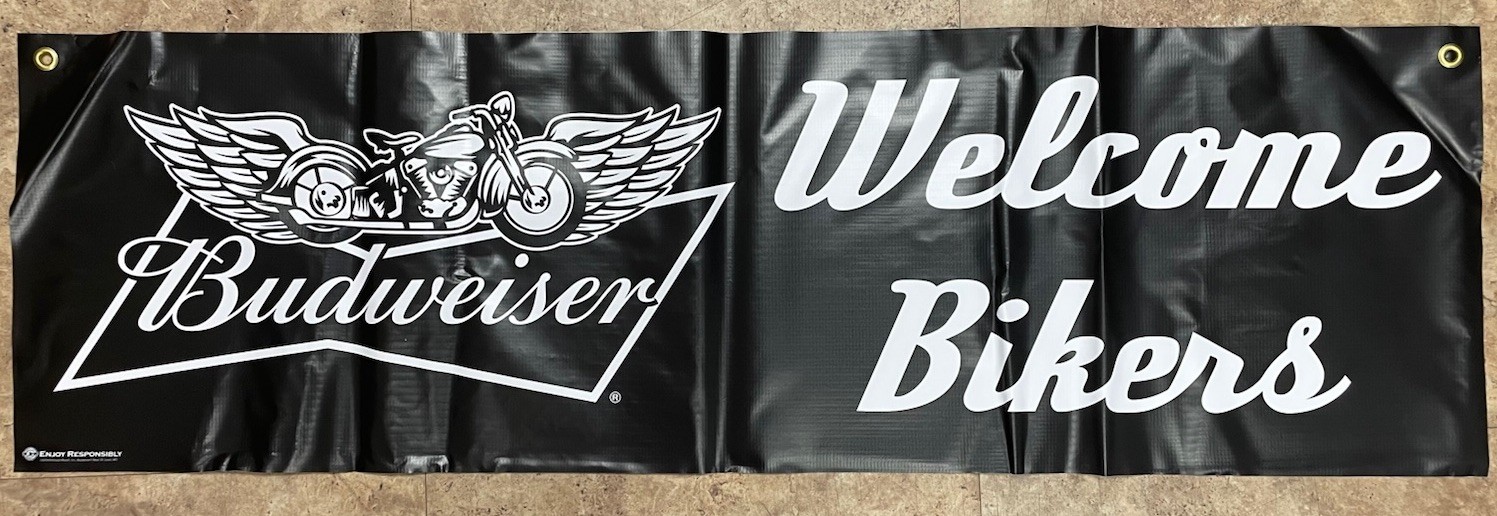 Budweiser Welcome Bikers Vinyl Banner New Beer Man Cave 14x48