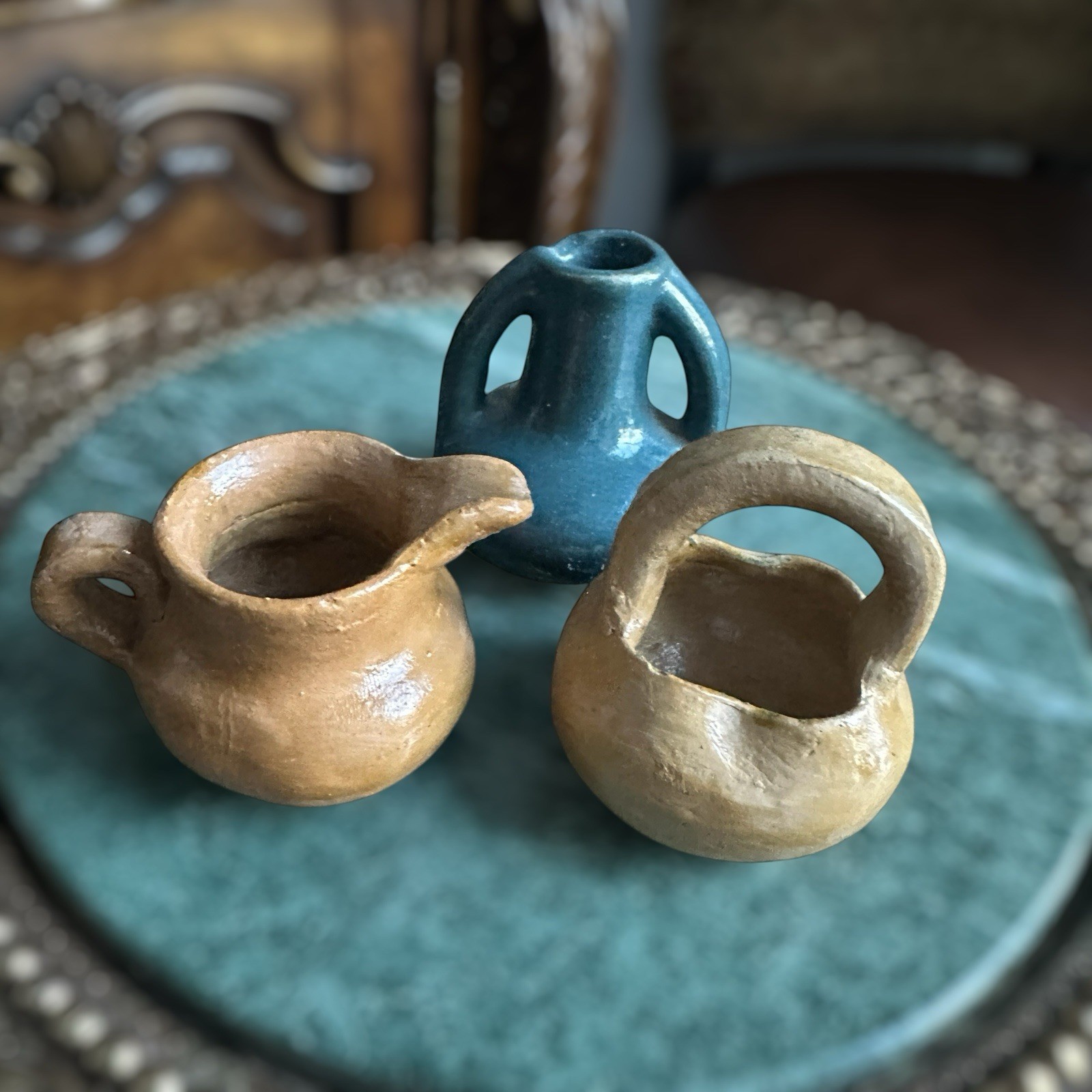 Vintage Mexico Folk Artisan Miniature Terracotta Clay Pottery Jar Vase Handles Vintage Mexico Folk Artisan Miniature Terracotta Clay Pottery Jar Vase Handles
