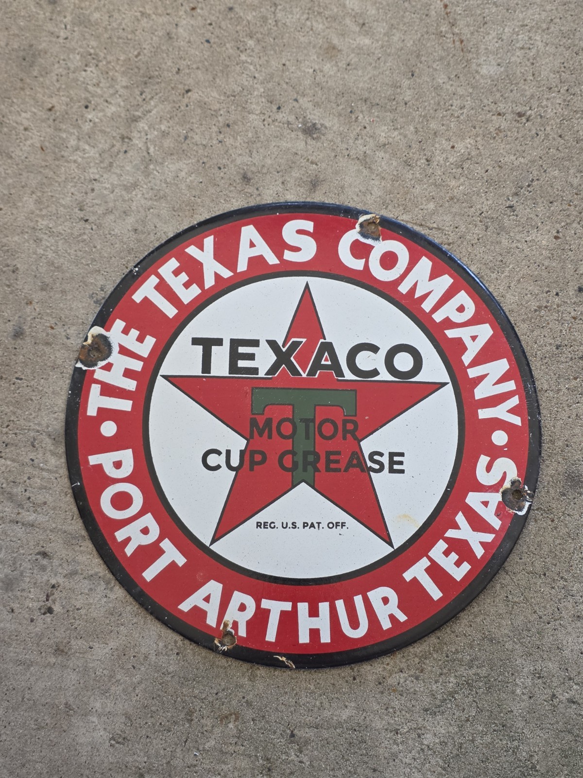 VINTAGE TEXACO MOTOR CUP GREASE PORCELAIN SIGN PORT ARTHUR TEXAS SIGN 12\