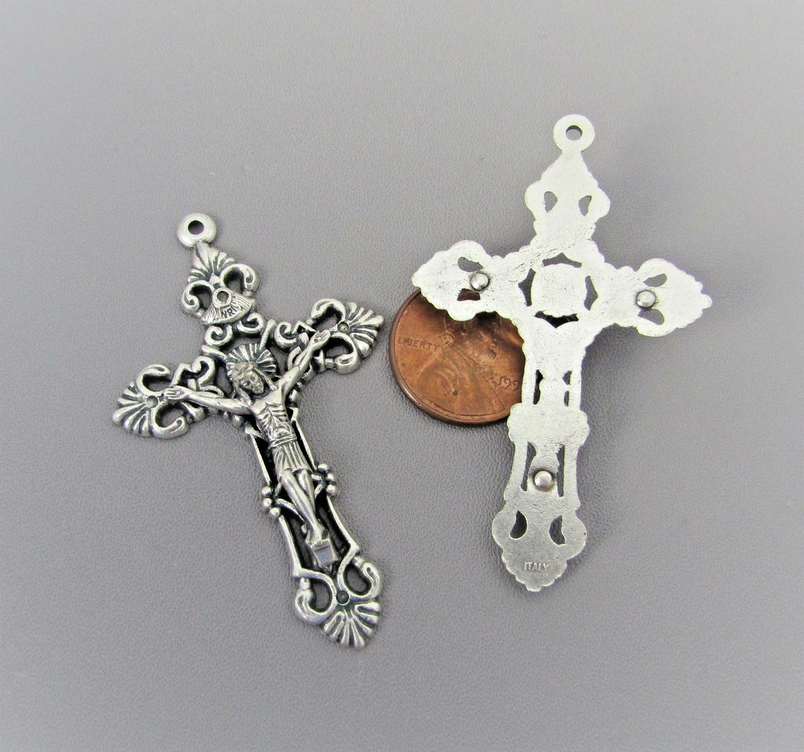 2 pc FILIGREE Large Crucifix Cross Rosary ITALY Rosaries Parts C106 finih Silver