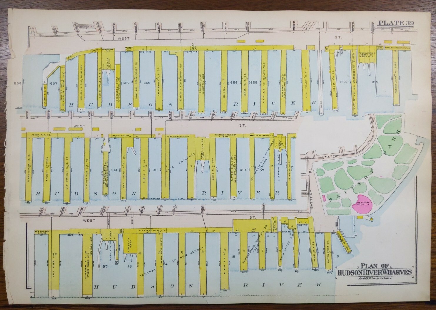 1916 HUDSON RIVER WHARVES Map MANHATTAN NEW YORK CITY NY ~ Old Antique Original