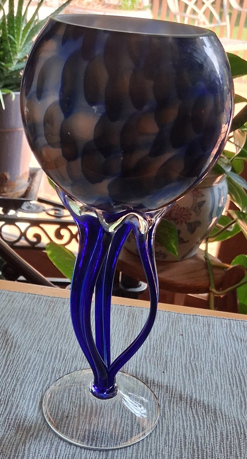 Vintage Jozefina Krosno Poland Art Glass Jellyfish Pedestal Bowl Vase Cobalt...