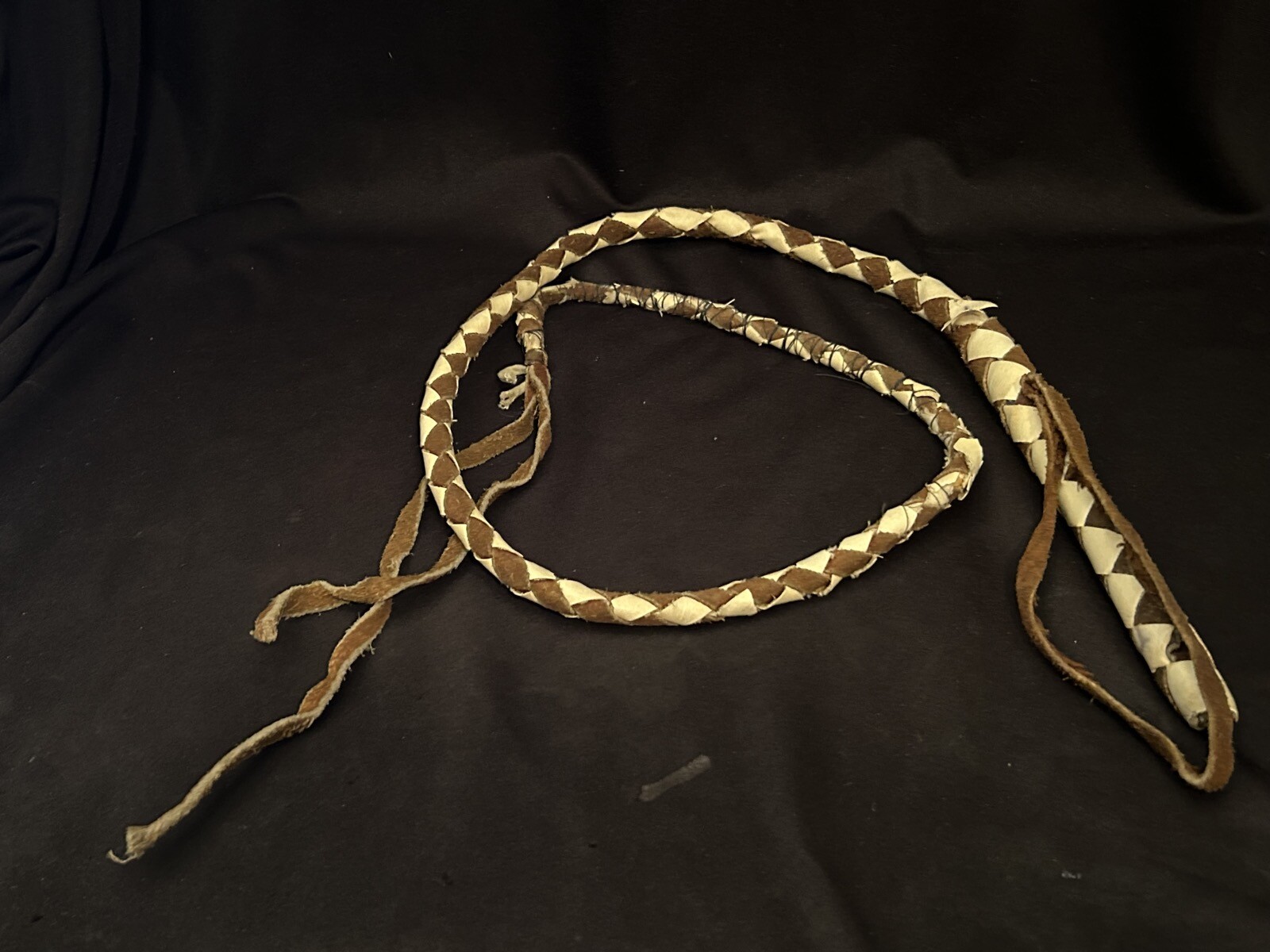 Vintage Brown & White Braided Leather Bullwhip Whip Western Cowboy